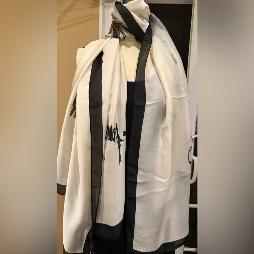 Elegant Black and White 100% SILK Scarf - Brand New
